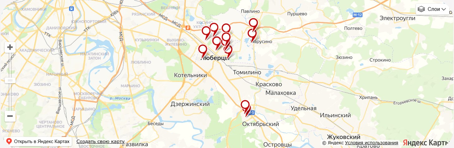 Карта филиалов ЦСПО Спартак в Люберцах